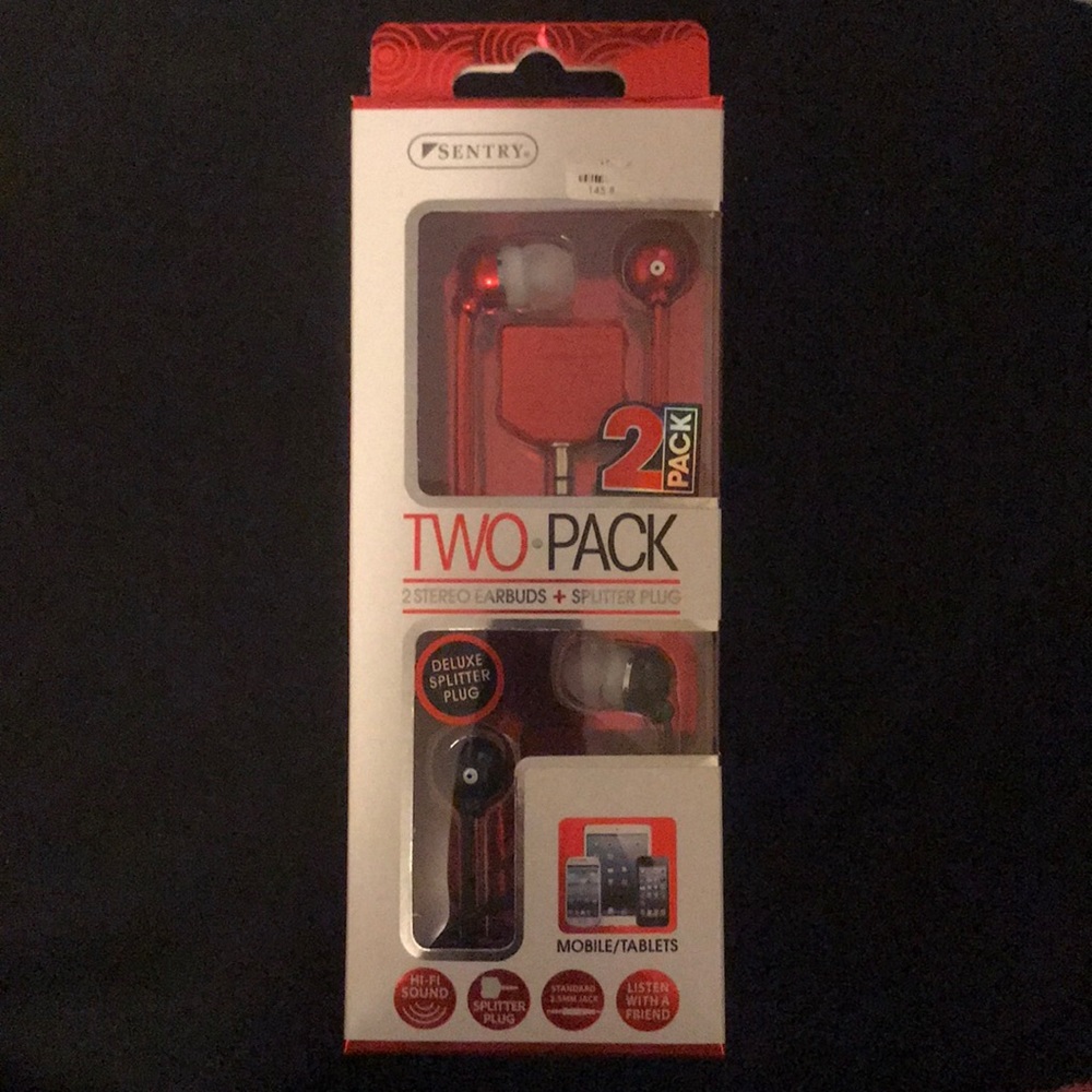 Two pack Sentry stereo earbuds with splitter plug